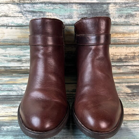Born Harness Boot Size 8.5M Brown Leather Ankle Block Heel Zip Round Toe Moto - Picture 3 of 12